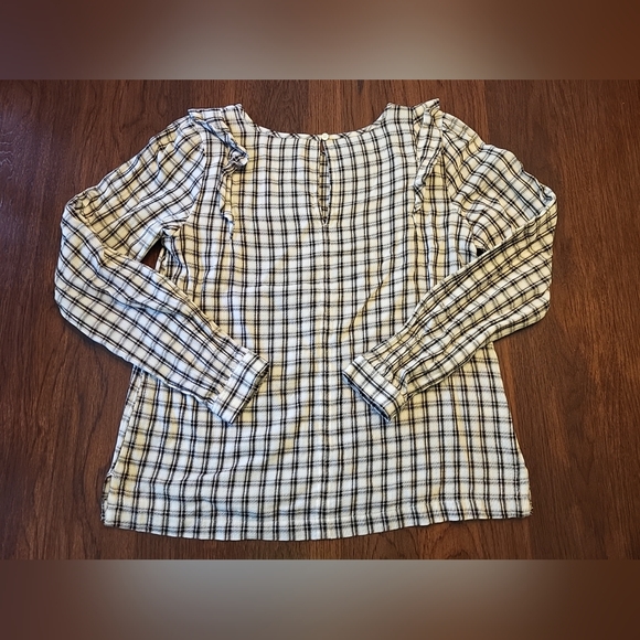 LOFT Women's Small Black Tan Plaid Ruffled Shoulder 100% Cotton Casual Top Shirt - Picture 2 of 12